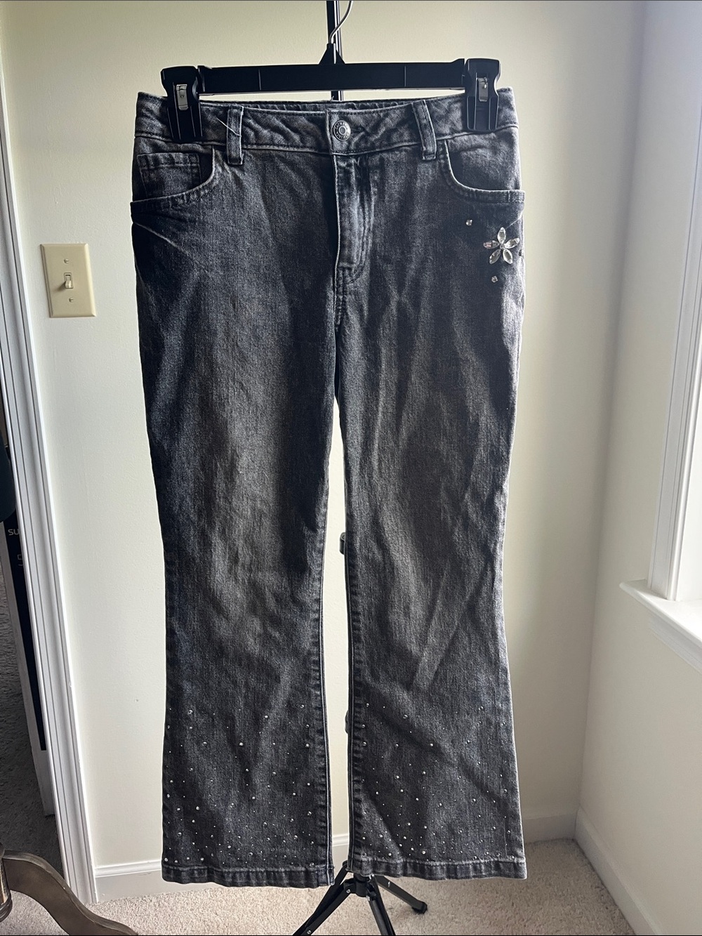 art class Black Jeans with Rhinestone Flower Detail